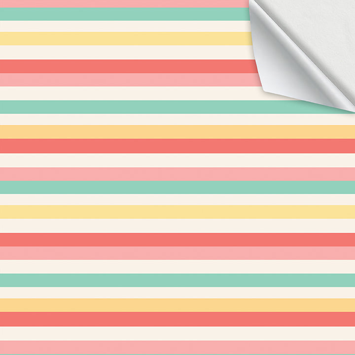 Hallmark Flat Wrapping Paper - Pastel Stripes featuring a close-up of colourful pastel stripes in pink, yellow, red, mint, and white.