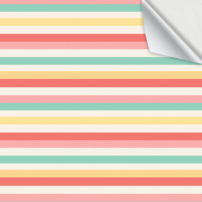 Hallmark Flat Wrapping Paper - Pastel Stripes featuring a close-up of colourful pastel stripes in pink, yellow, red, mint, and white.