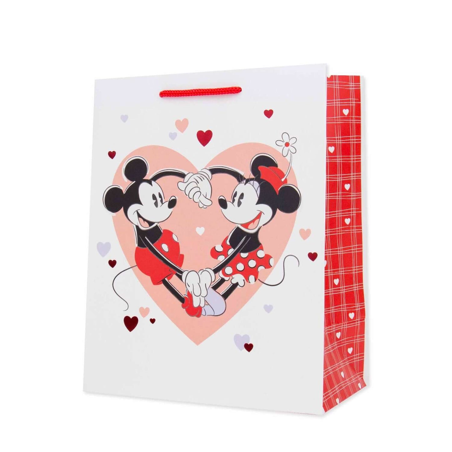 Hallmark Medium Gift Bag - Mickey & Minnie Love, medium size, featuring Mickey and Minnie holding hands with red foil hearts in a heart shape design.