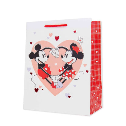 Hallmark Medium Gift Bag - Mickey & Minnie Love, medium size, featuring Mickey and Minnie holding hands with red foil hearts in a heart shape design.