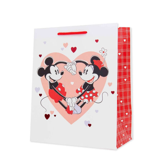 Hallmark Medium Gift Bag - Mickey & Minnie Love, medium size, featuring Mickey and Minnie holding hands with red foil hearts in a heart shape design.