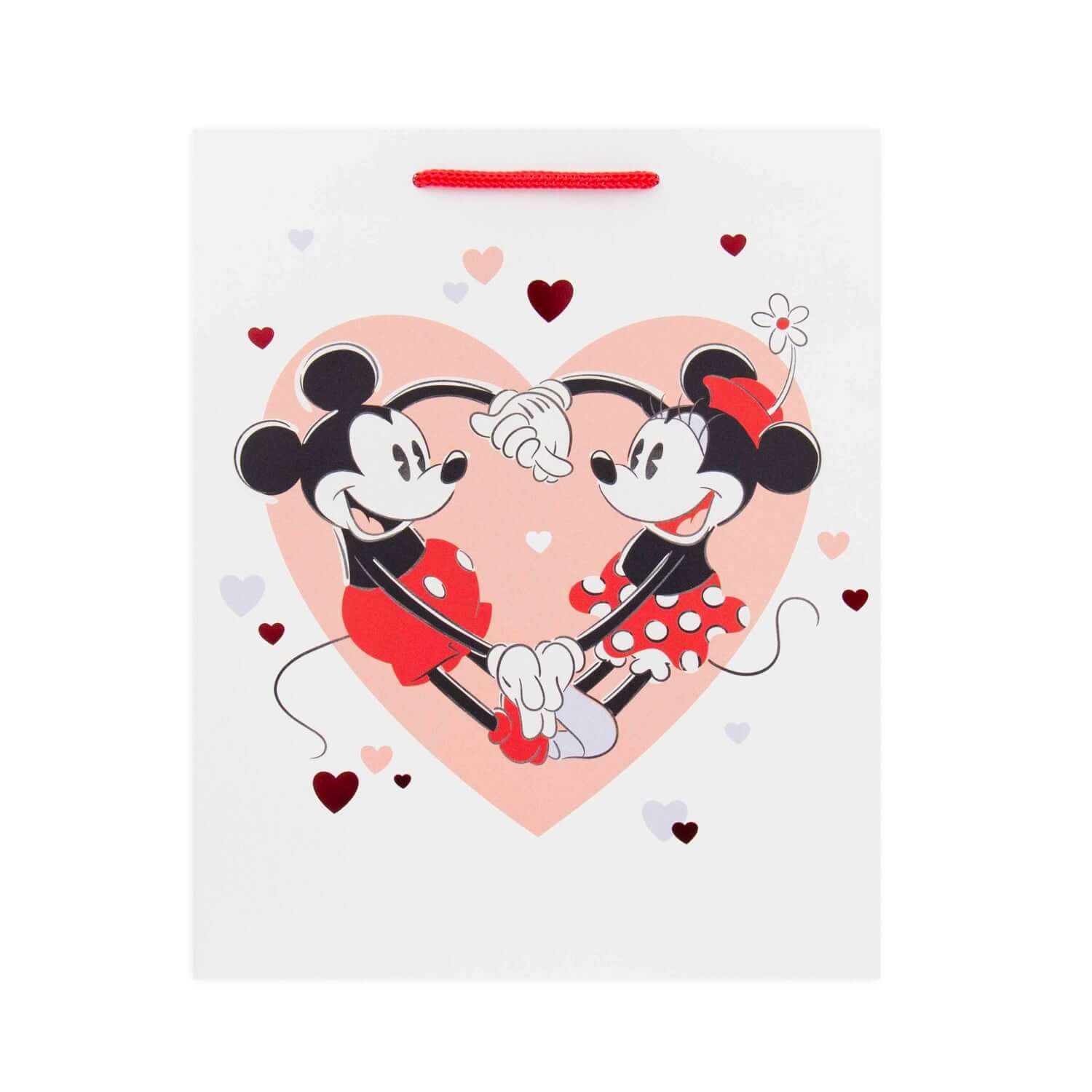 Hallmark Medium Gift Bag - Mickey & Minnie Love featuring Mickey and Minnie holding hands against a heart background with red accents.