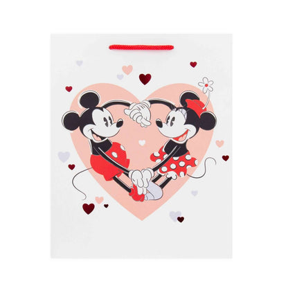 Hallmark Medium Gift Bag - Mickey & Minnie Love featuring Mickey and Minnie holding hands against a heart background with red accents.