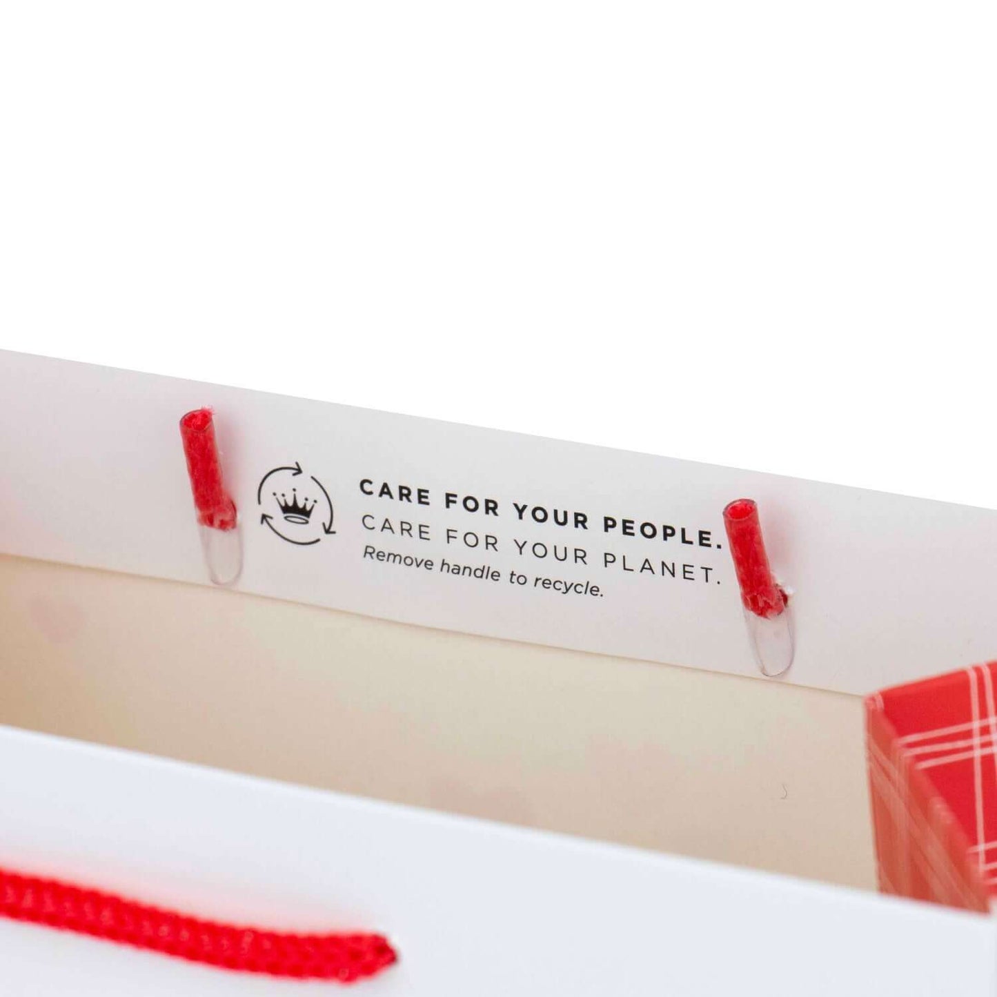 Hallmark Medium Gift Bag - Mickey & Minnie Love with care instructions and removable red handles, showcasing interior details.