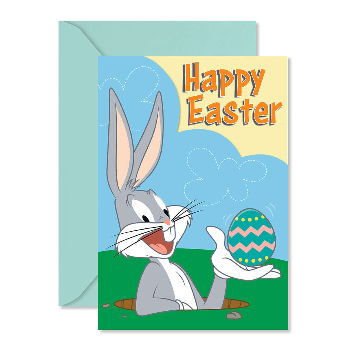 Easter card with Bugs Bunny holding an Easter egg, featuring a blue envelope.