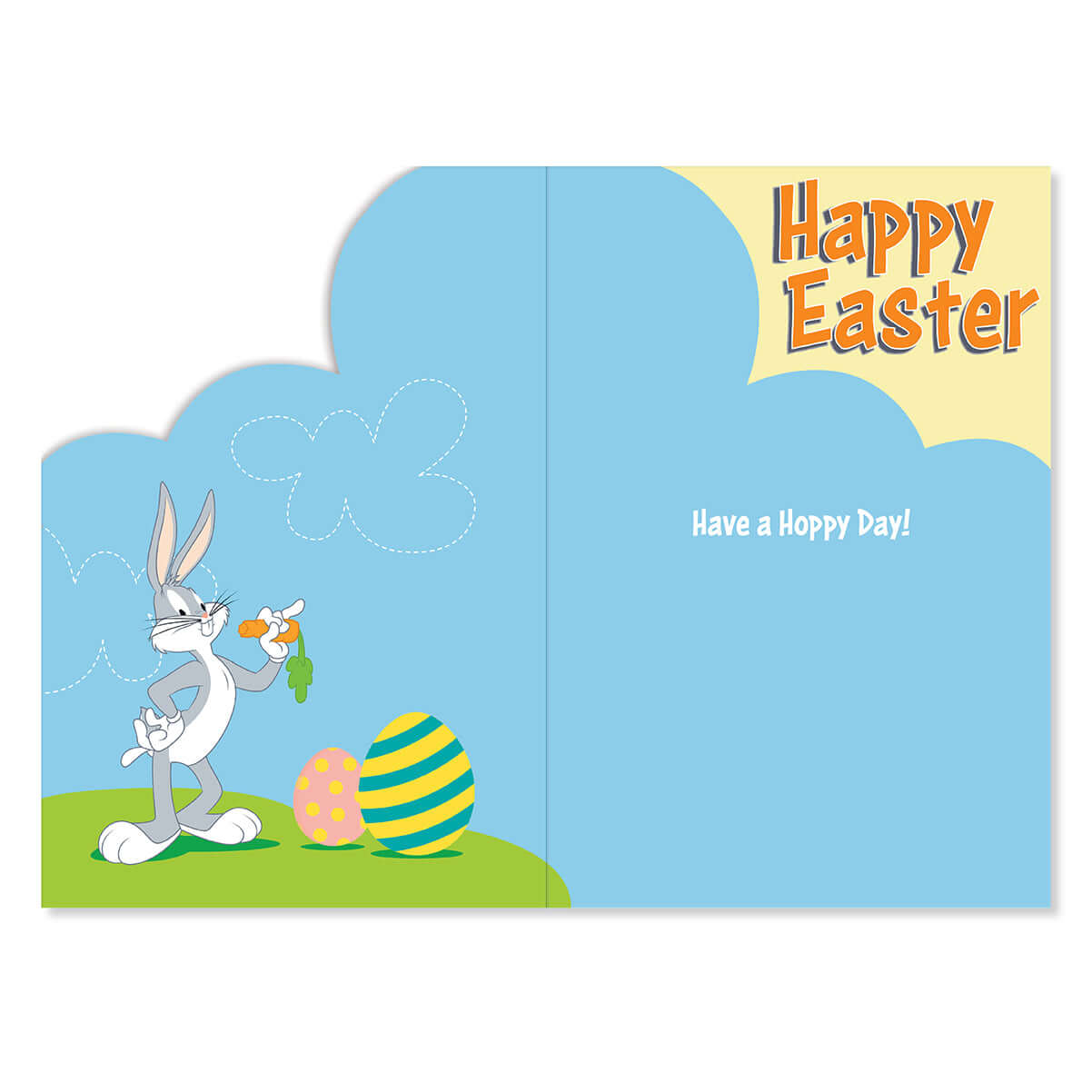 Easter card with cartoon rabbit and eggs on a blue background