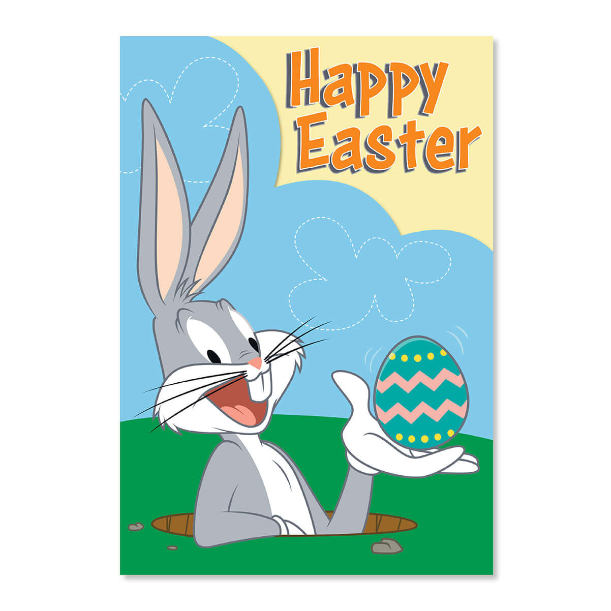 Cartoon rabbit holding an Easter egg with 'Happy Easter' text on a colorful background