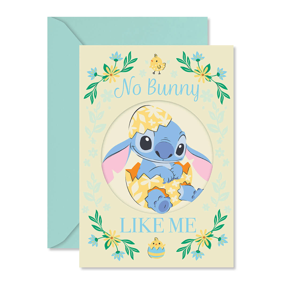 Greeting card with cartoon character and 'No Bunny Like Me' text, featuring a blue envelope.