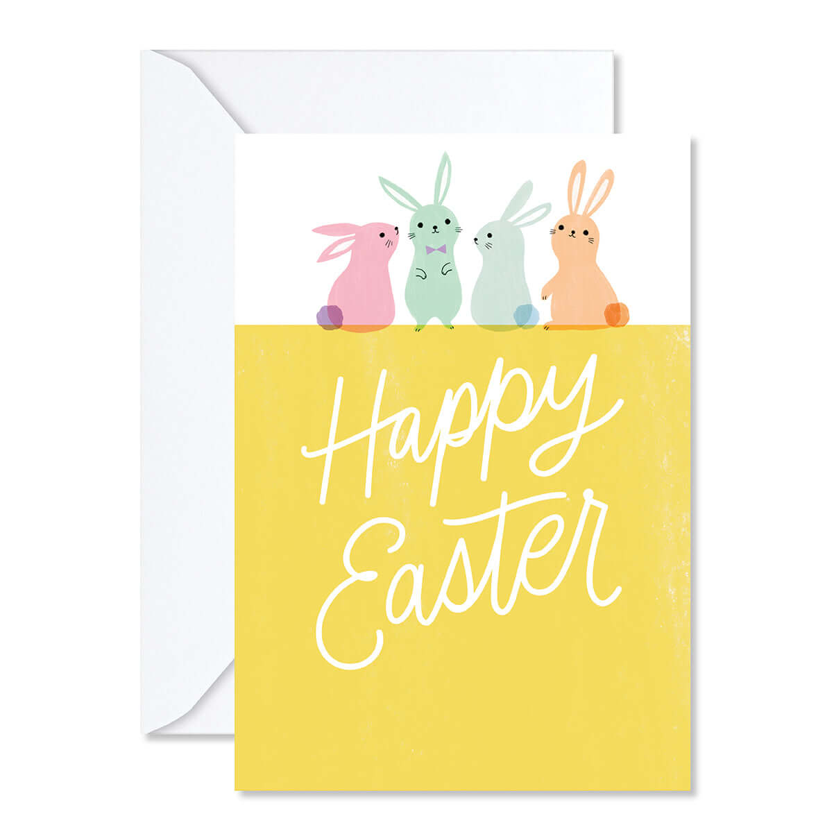 Greeting card with colorful bunnies and 'Happy Easter' text on a yellow background