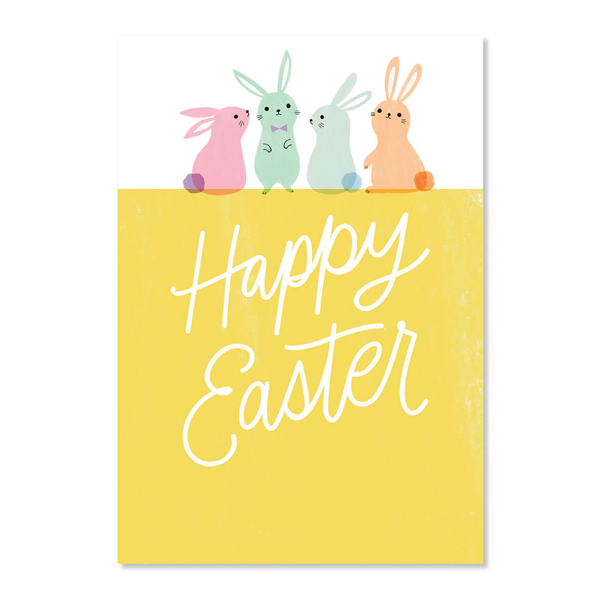 Happy Easter card with colorful bunnies on a yellow background