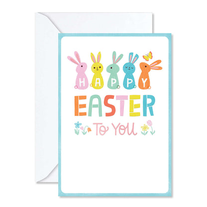 Easter card with colorful bunnies and 'Happy Easter To You' text on a white background