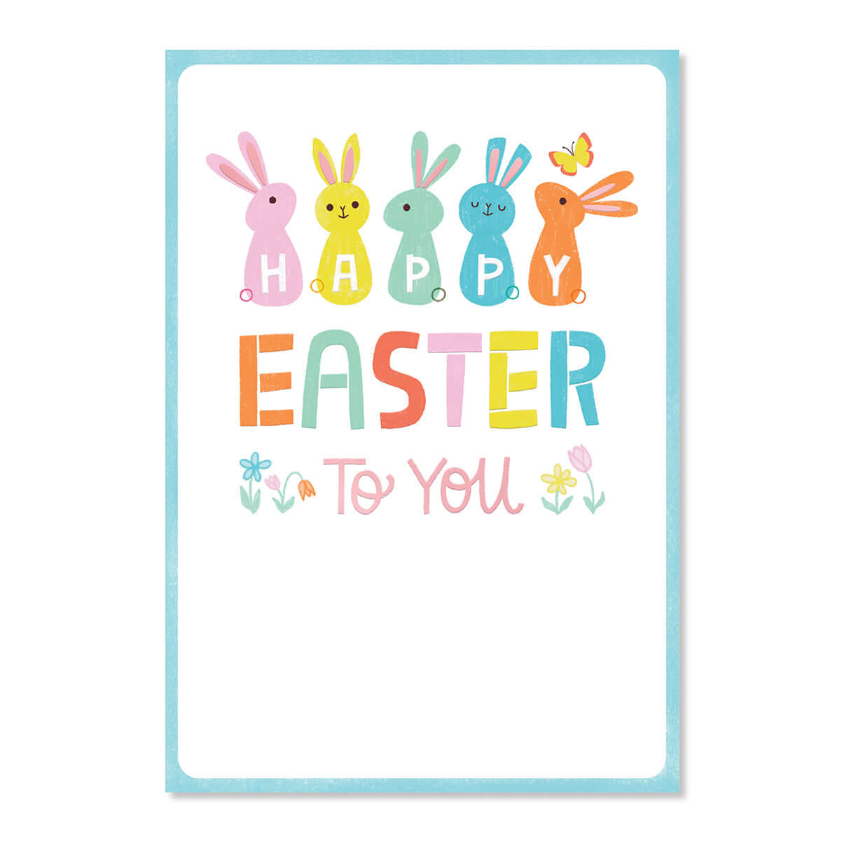 Colorful Easter card with cartoon bunnies and 'Happy Easter To You' text on a white background.