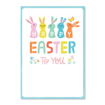Colorful Easter card with cartoon bunnies and 'Happy Easter To You' text on a white background.