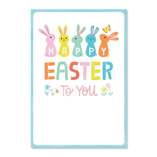Colorful Easter card with cartoon bunnies and 'Happy Easter To You' text on a white background.