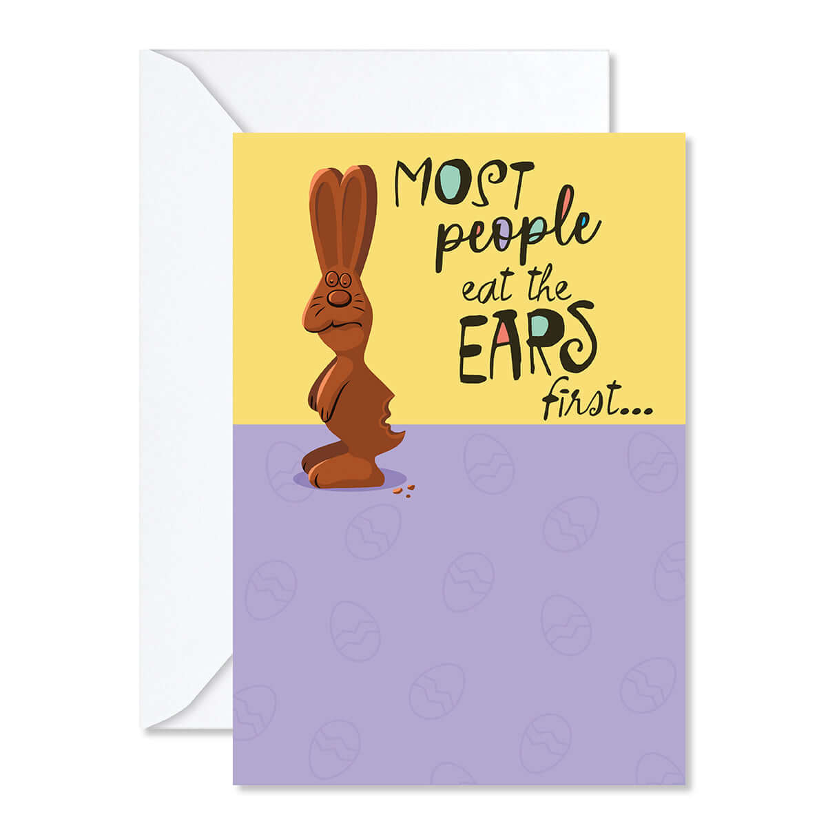 Greeting card with a cartoon rabbit and humorous text on a yellow and purple background