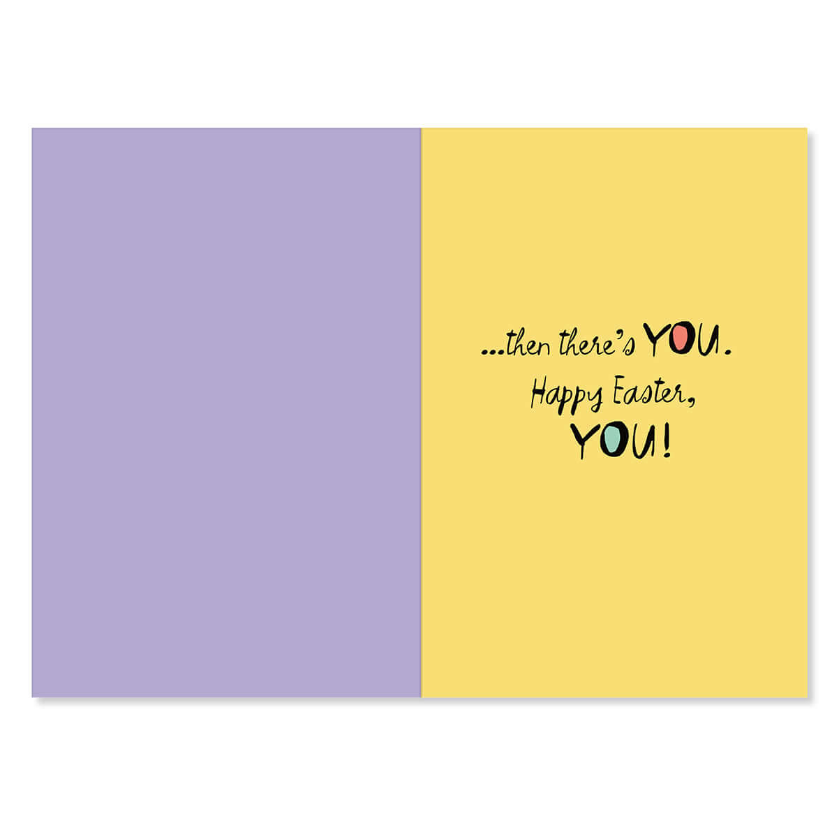 Greeting card with purple and yellow design and Easter message.