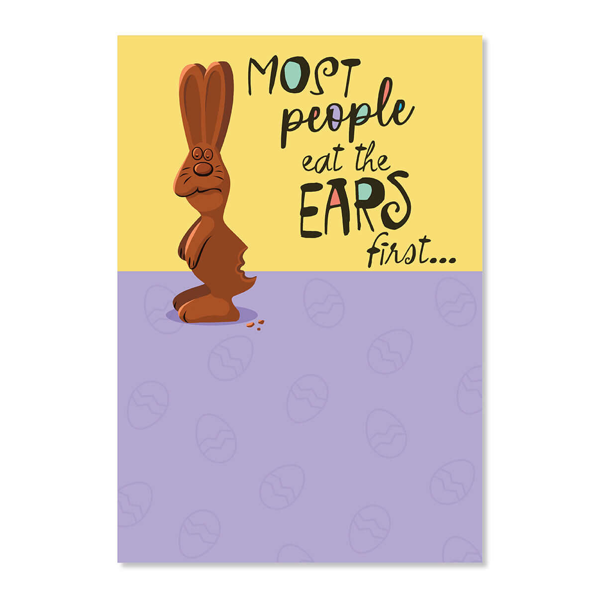 Cartoon chocolate bunny with text on a yellow and purple background