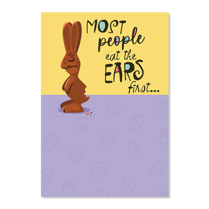 Cartoon chocolate bunny with text on a yellow and purple background