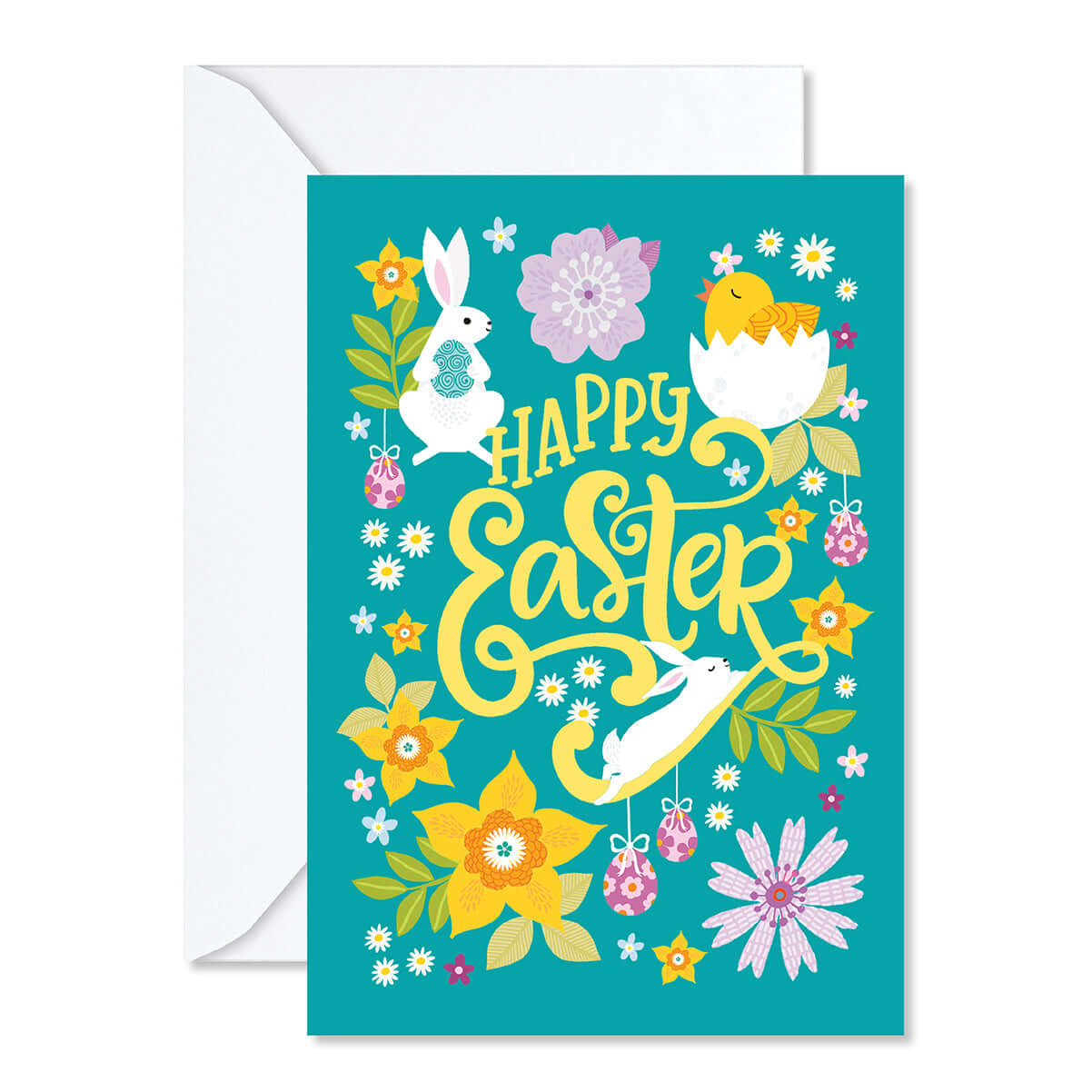 Easter greeting card with colorful illustrations of a chick, bunny, and flowers on a teal background.