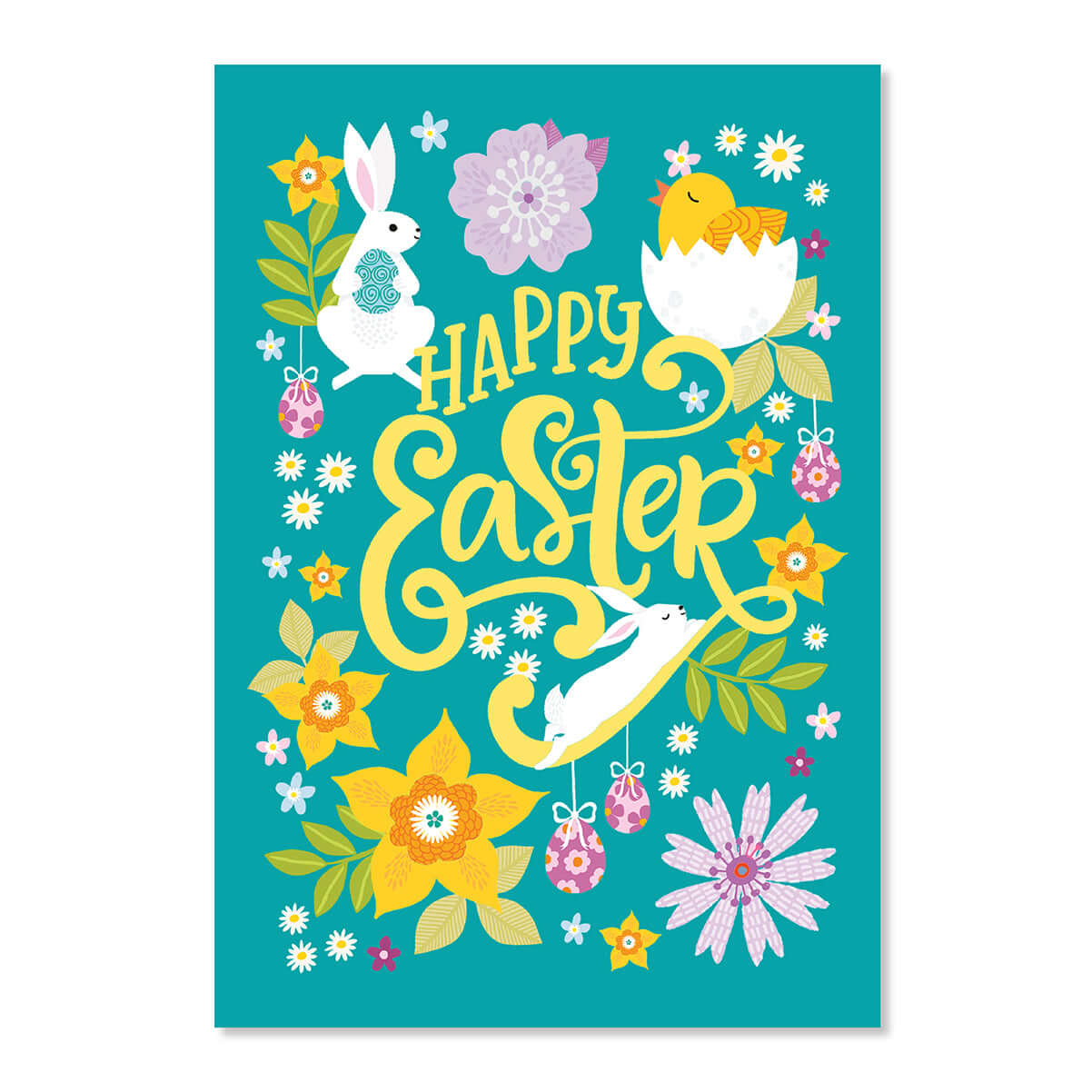 Colorful Easter-themed poster with bunnies, eggs, and flowers on a teal background