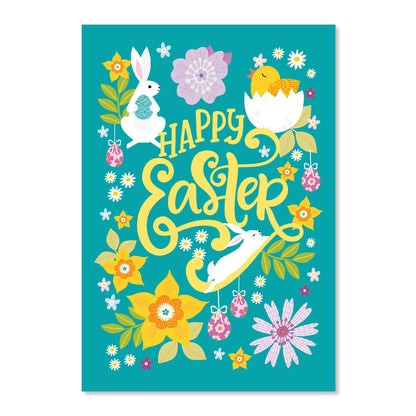 Colorful Easter-themed poster with bunnies, eggs, and flowers on a teal background