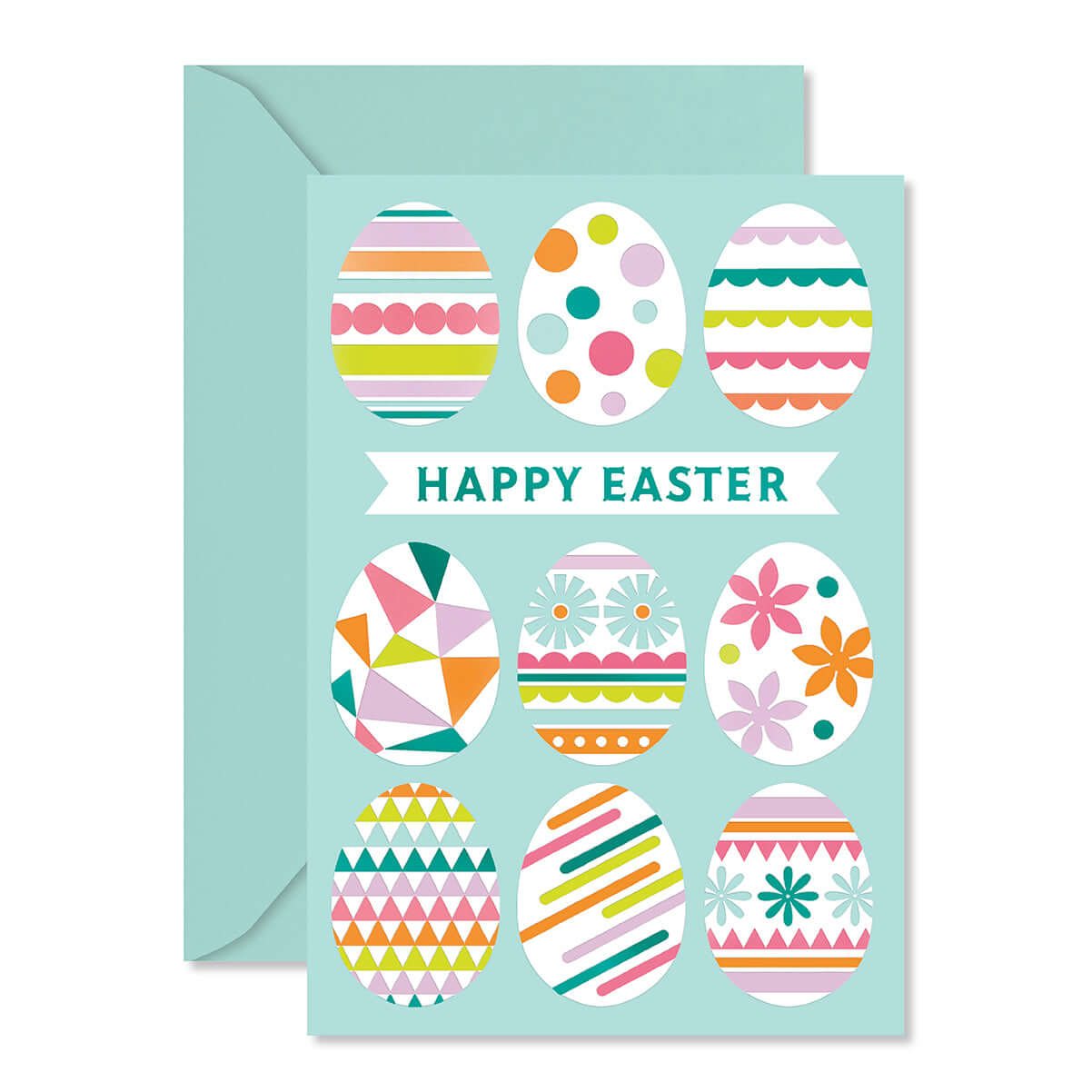 Greeting card with colorful Easter egg designs and 'Happy Easter' text on a light blue background.