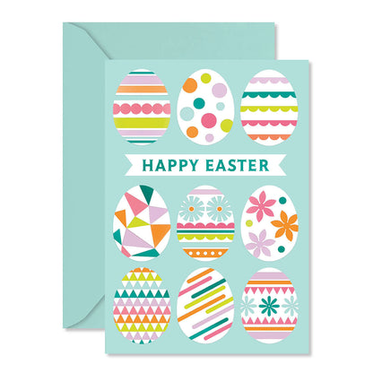 Greeting card with colorful Easter egg designs and 'Happy Easter' text on a light blue background.