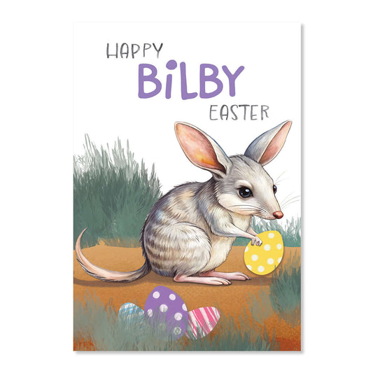 Illustration of a bilby with Easter eggs on a white background