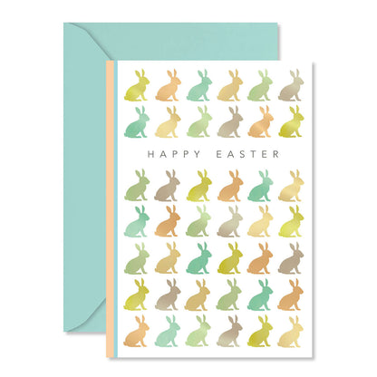 Easter card with colorful bunny pattern and 'Happy Easter' text, featuring a matching envelope.
