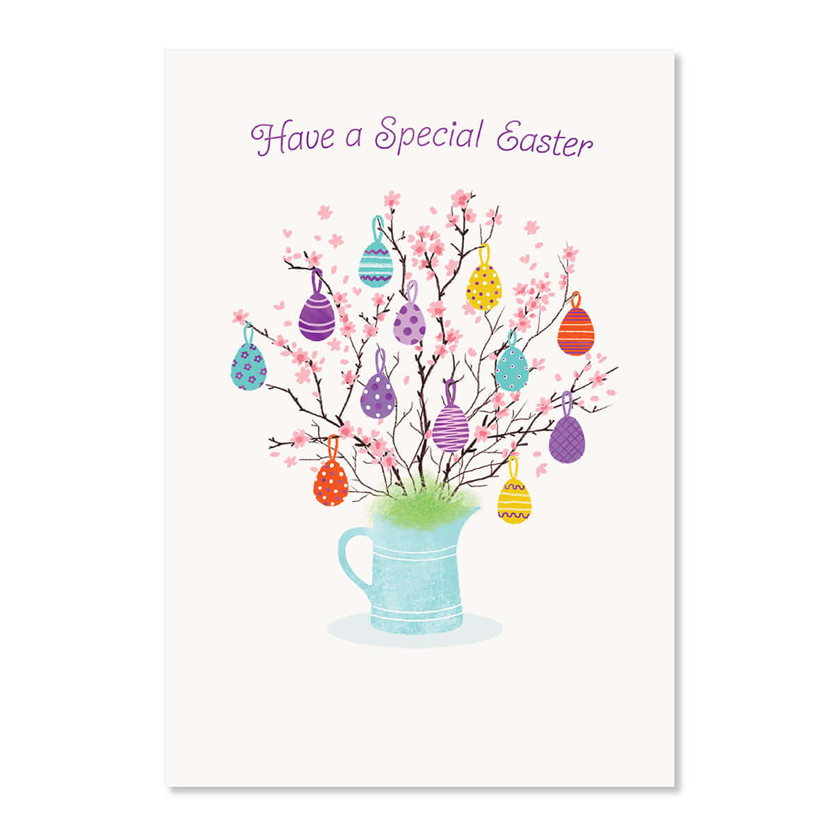 Easter card with colorful eggs on a tree branch in a mug, against a white background.