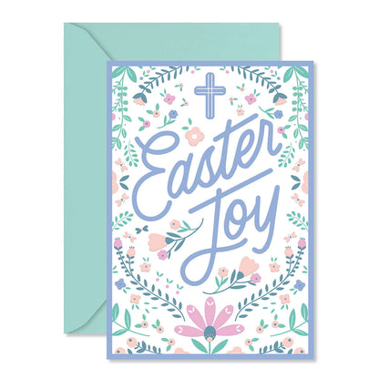 Greeting card with 'Easter Joy' text and floral design, accompanied by a matching envelope.