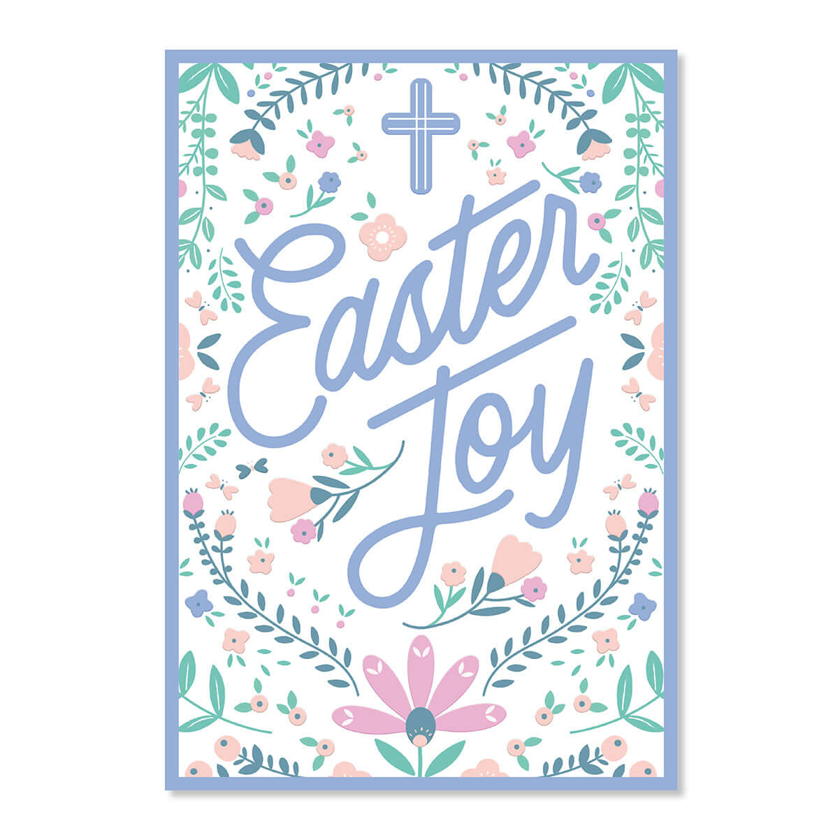 Easter-themed card with 'Easter Joy' text and floral decorations on a white background