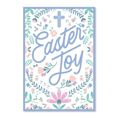 Easter-themed card with 'Easter Joy' text and floral decorations on a white background