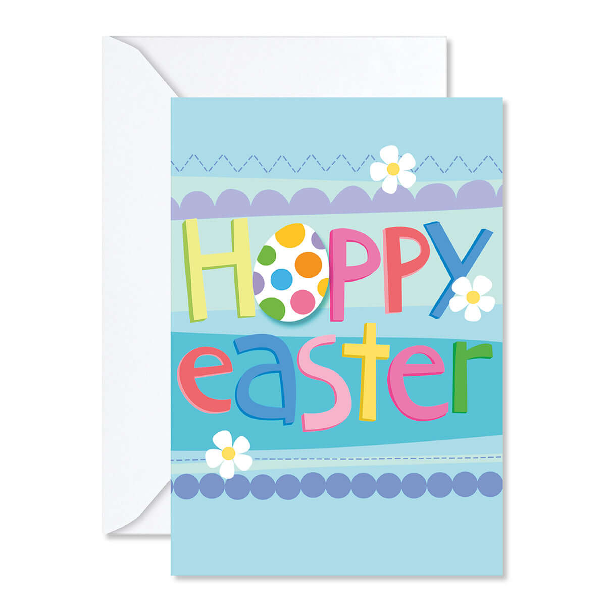 Colorful 'Happy Easter' card with flowers on a light blue background