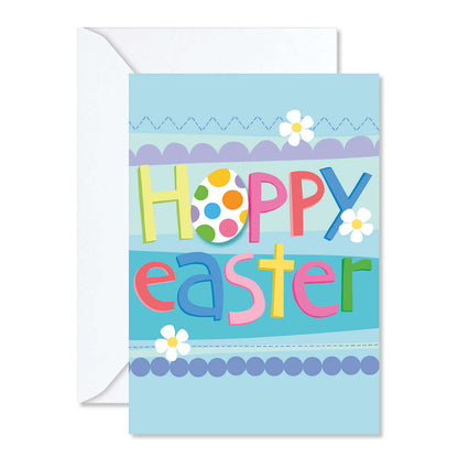 Colorful 'Happy Easter' card with flowers on a light blue background