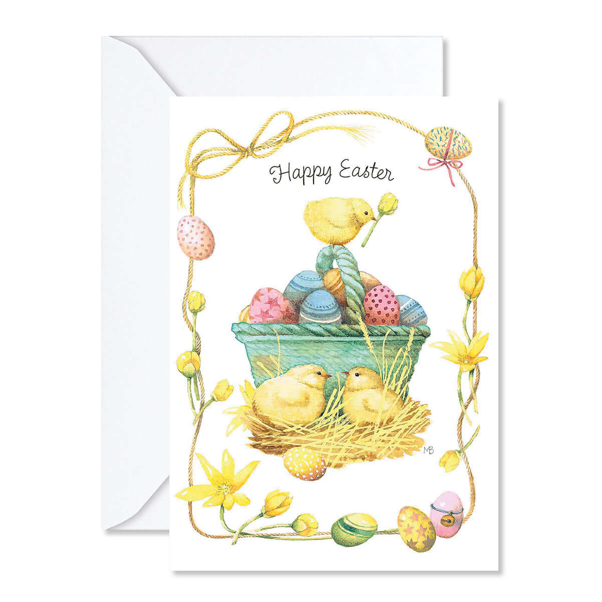 Easter greeting card with chicks, eggs, and a basket on a white background