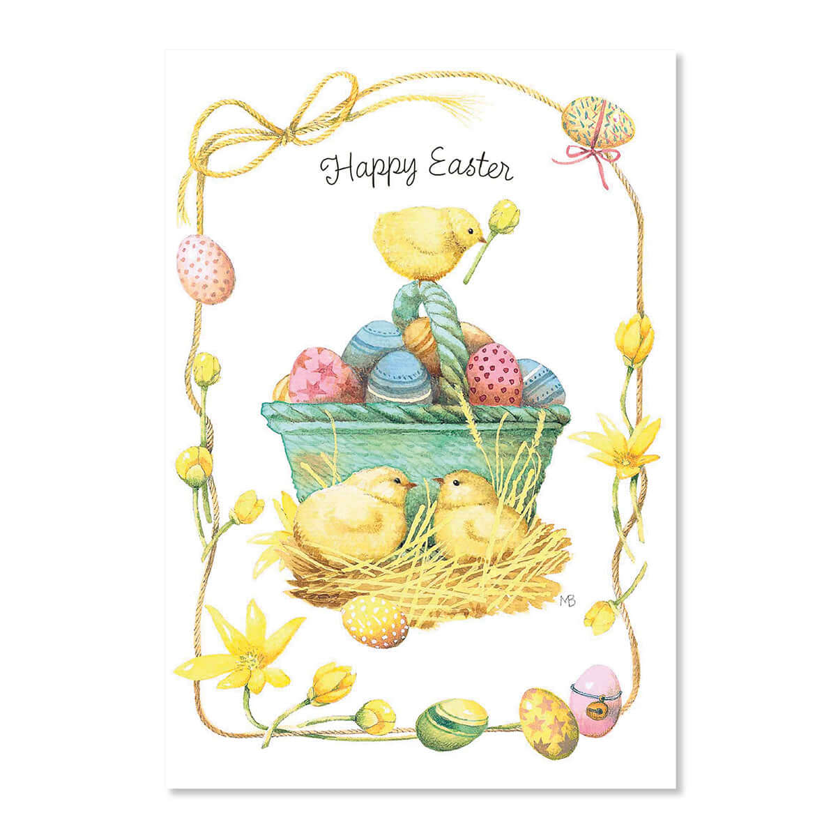 Easter card with chicks, eggs, and decorative elements on a white background