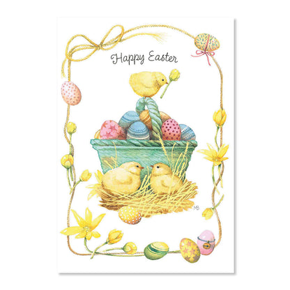 Easter card with chicks, eggs, and decorative elements on a white background
