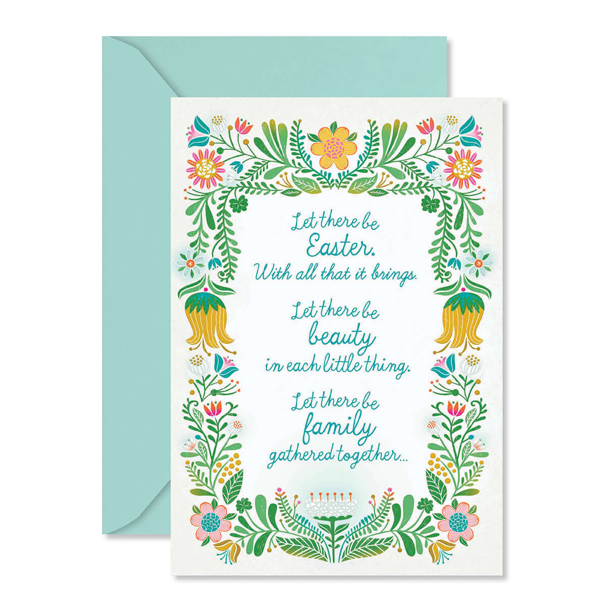 Greeting card with floral design and Easter text, featuring a matching envelope.