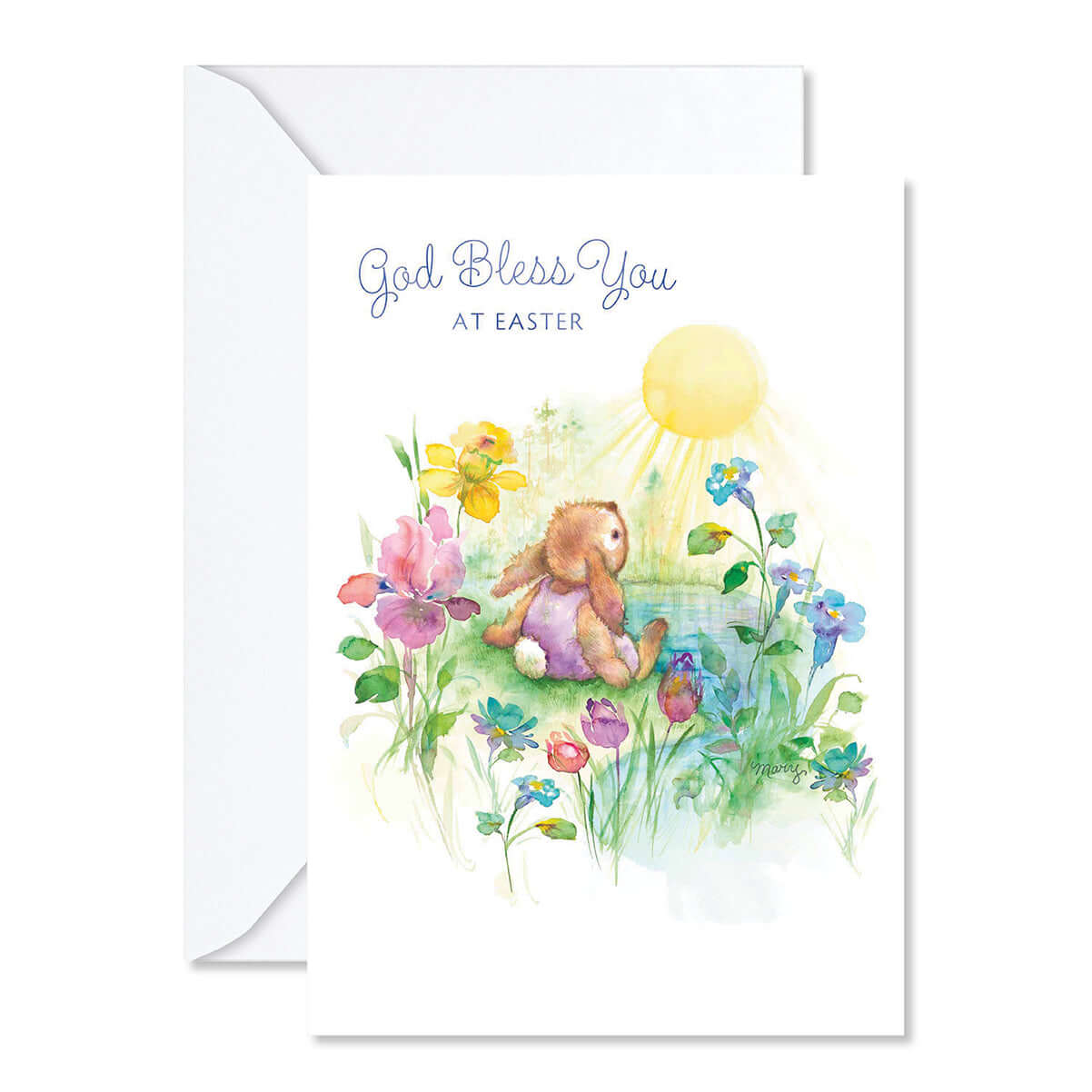 Easter card with a bunny and flowers, featuring the text 'God Bless You at Easter'.
