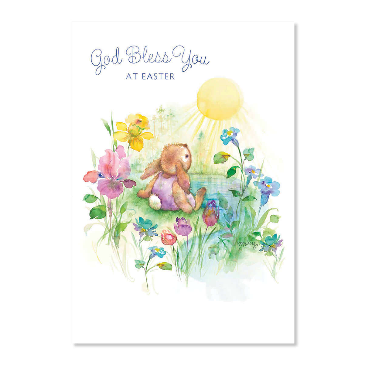 Easter card with a teddy bear, flowers, and sun on a white background