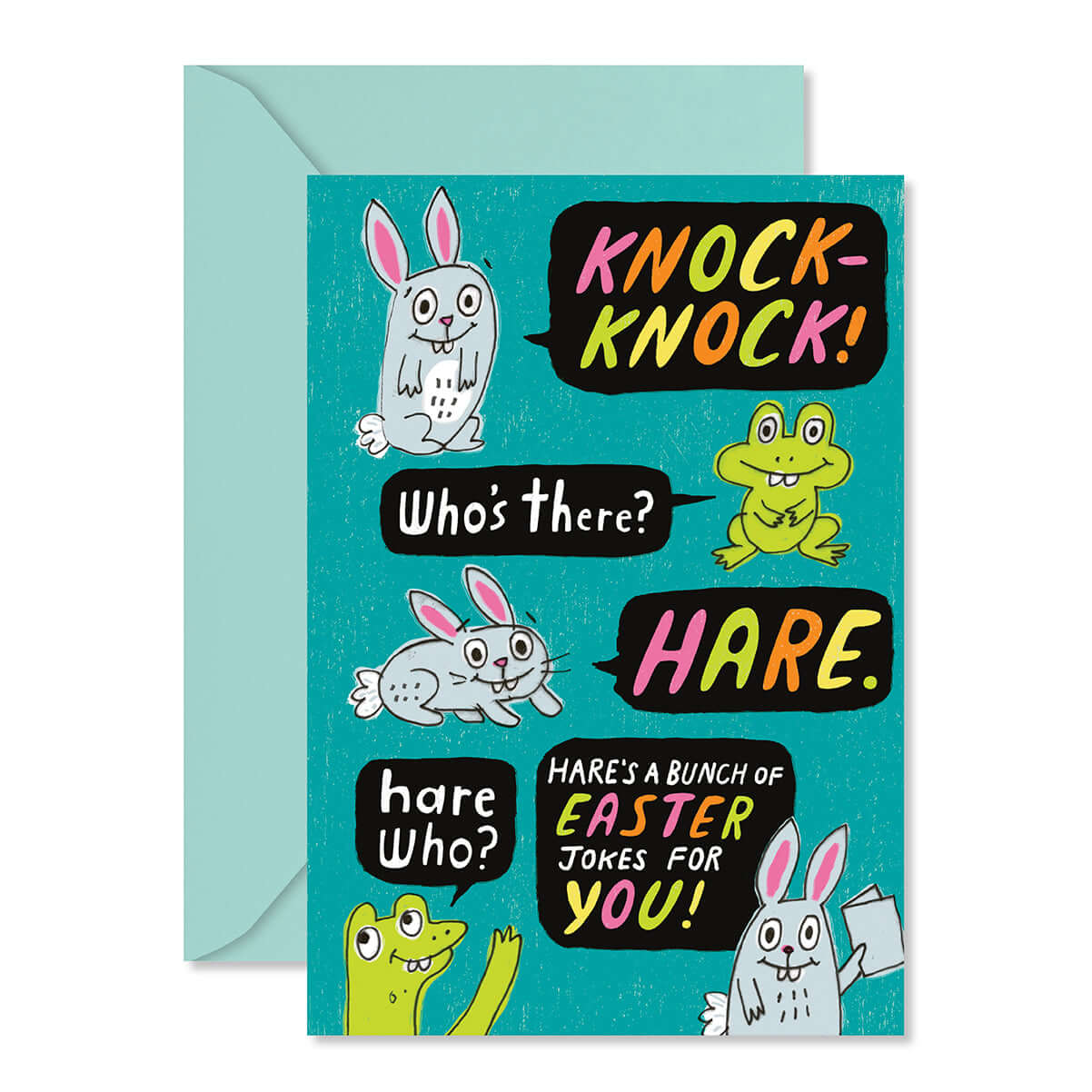 Easter-themed knock-knock joke card with cartoon characters on a blue background