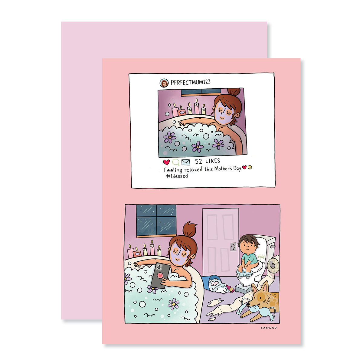 Hallmark Mother's Day Card - #blessed features a humorous illustration of a mum relaxing in a bath while her son is mischief-making.