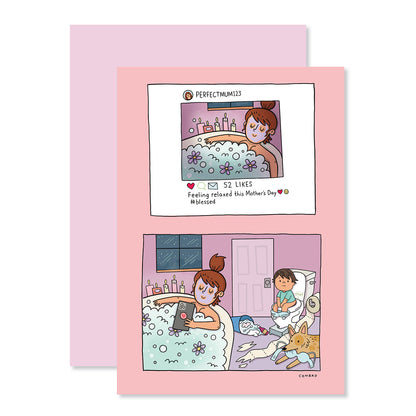 Hallmark Mother's Day Card - #blessed features a humorous illustration of a mum relaxing in a bath while her son is mischief-making.