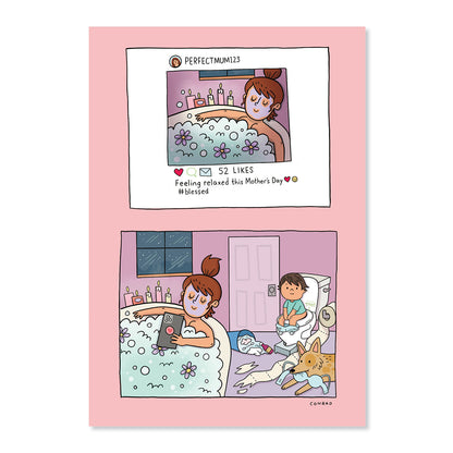 Hallmark Mother's Day Card - #blessed featuring a humorous illustration of a mum in a bubble bath with her son and a dog.