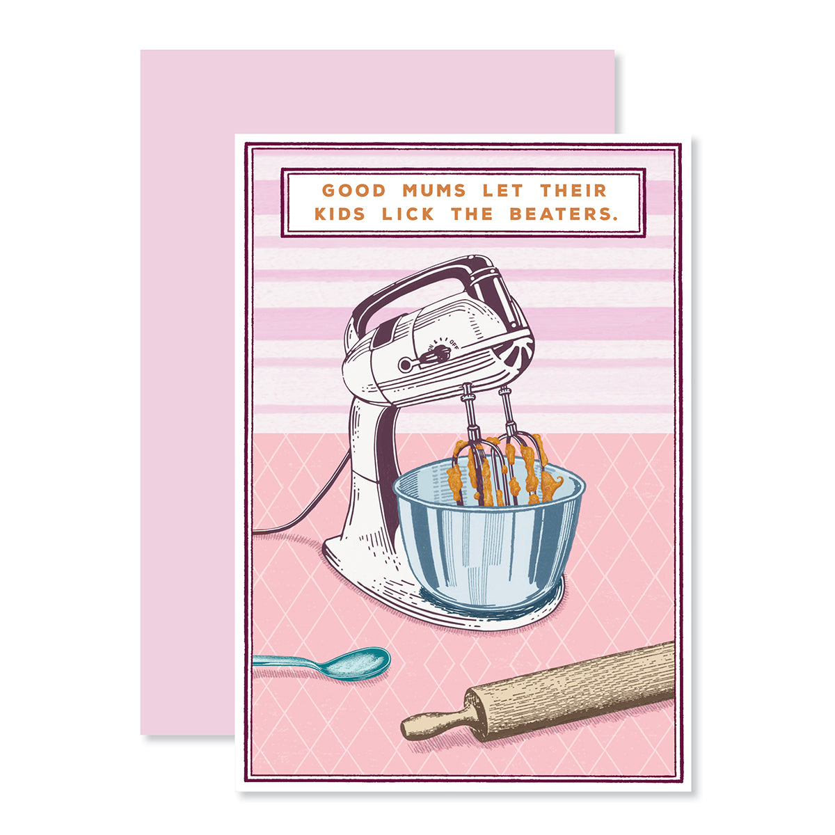 Hallmark Mother's Day Card - Lick The Beaters featuring an illustration of a stand mixer and bowl on a pink background, angled view.