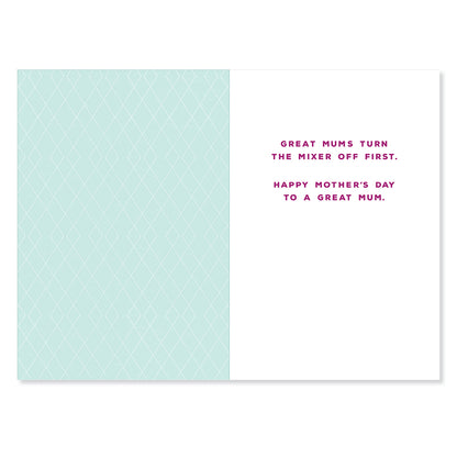 Hallmark Mother's Day Card - Lick The Beaters featuring inside message in pink text on white background with aqua patterned detail.
