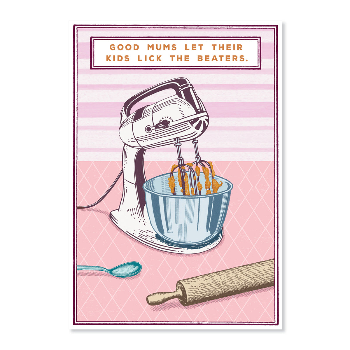 Hallmark Mother's Day Card - Lick The Beaters featuring a stand mixer illustration on a pink background with a rolling pin and spoon.