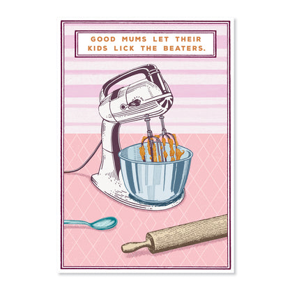 Hallmark Mother's Day Card - Lick The Beaters featuring a stand mixer illustration on a pink background with a rolling pin and spoon.