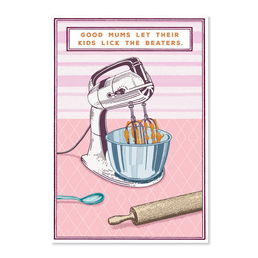 Hallmark Mother's Day Card - Lick The Beaters featuring a stand mixer illustration on a pink background with a rolling pin and spoon.